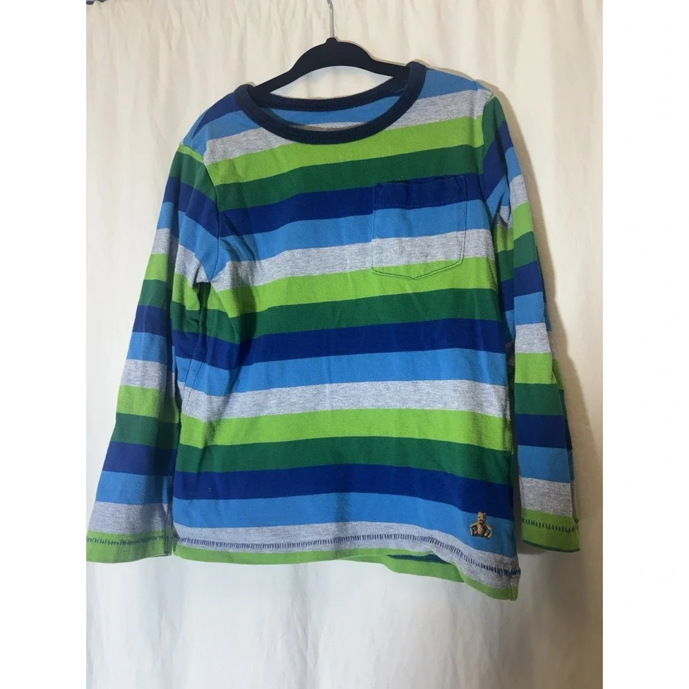 Gap Kids Boys T-Shirt size 5 Long Sleeve Shirt Green Yellow White Stripes W49